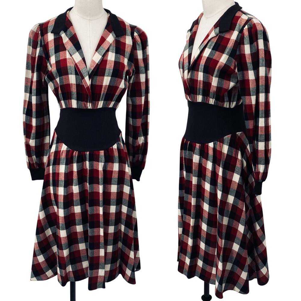 Vintage 80s Gingham Plaid Midi Dress Fit & Flare Shirtdress Collared Red Black 0